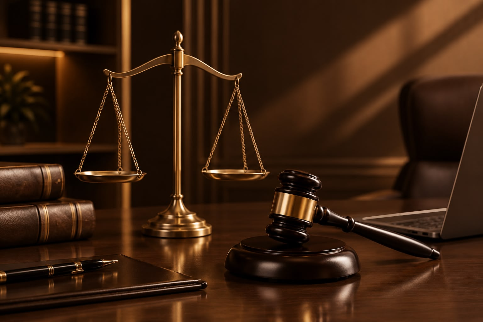 Composição visual com balança da justiça e elementos jurídicos em tons de marrom e dourado